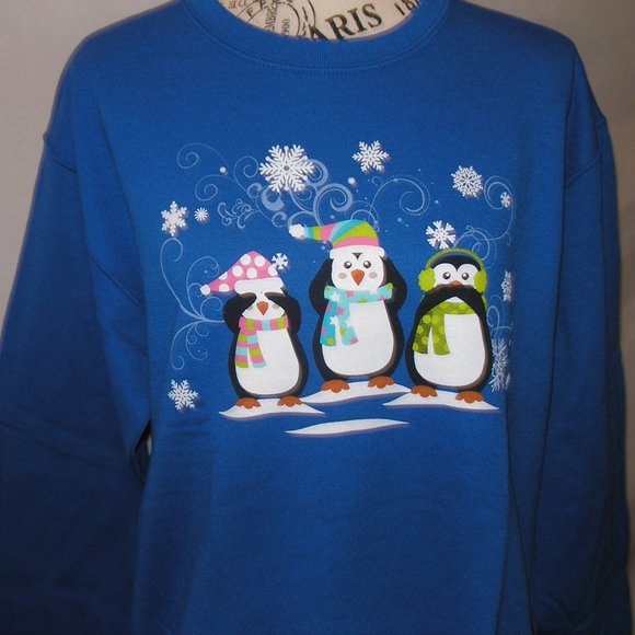 New Women's Small Jerzees Blue Fleece Sweatshirt Screen Printed Penguins - Picture 3 of 13
